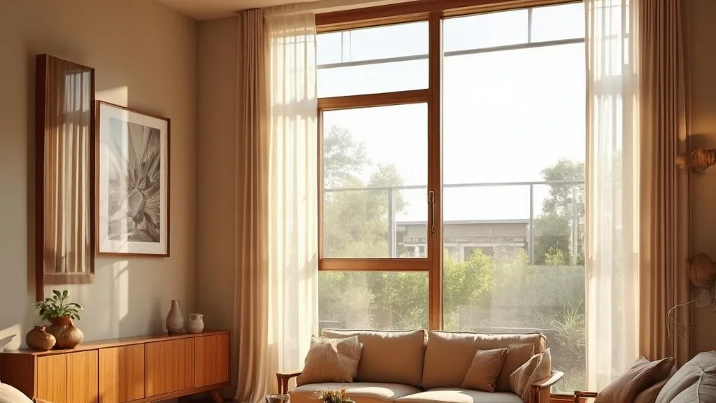 A warm minimal mid-century living room finished in walnut