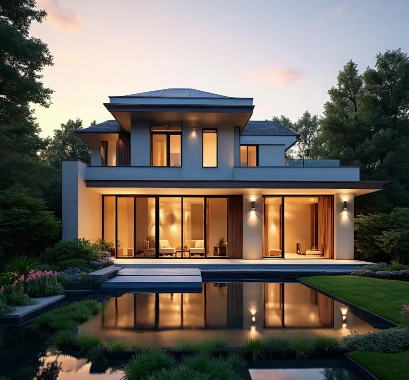 A flat-roofed modern home exterior