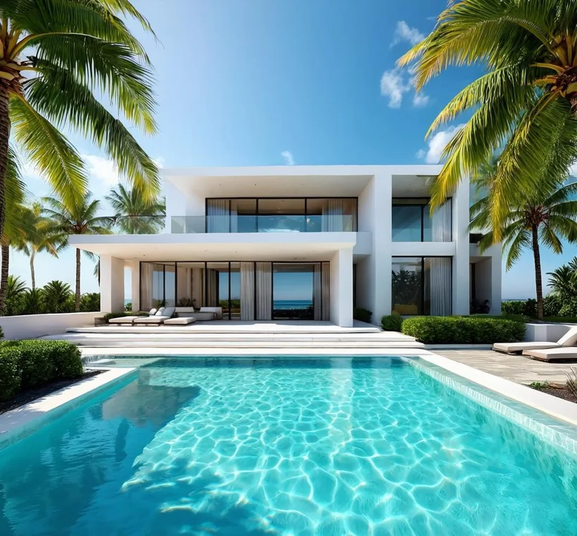 White beachfront villa with a private pool