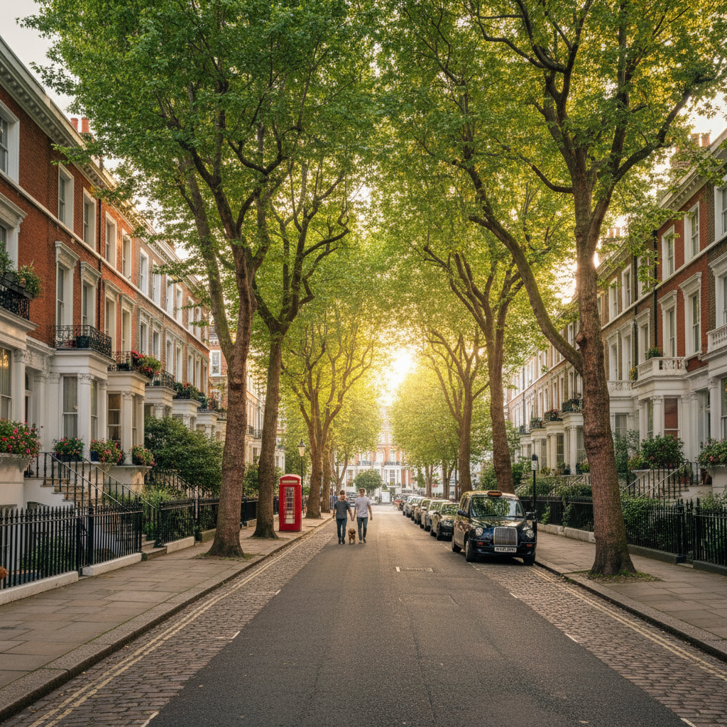 Tree-lined Chelsea street with period townhouses