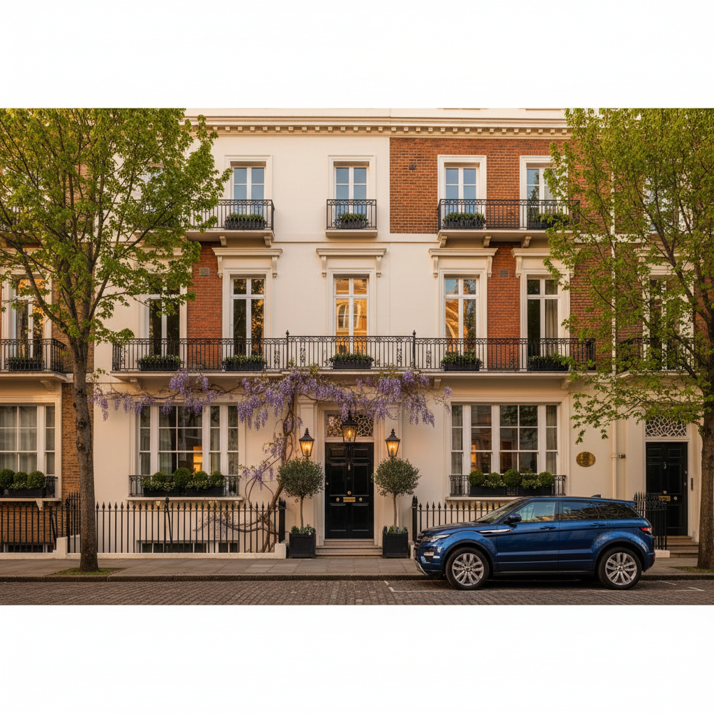 A wisteria-draped period townhouse on a Chelsea street