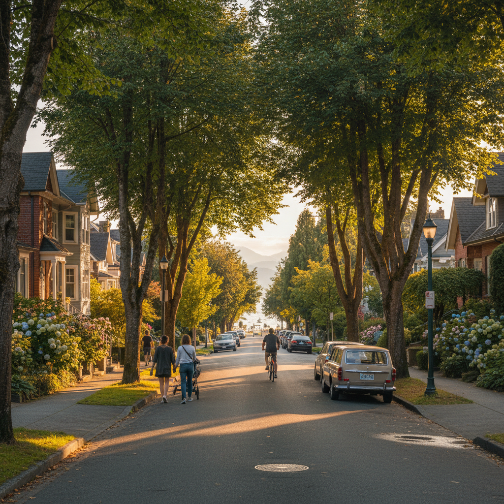 Tree-lined Kitsilano street at golden hour with mountains and ocean beyond