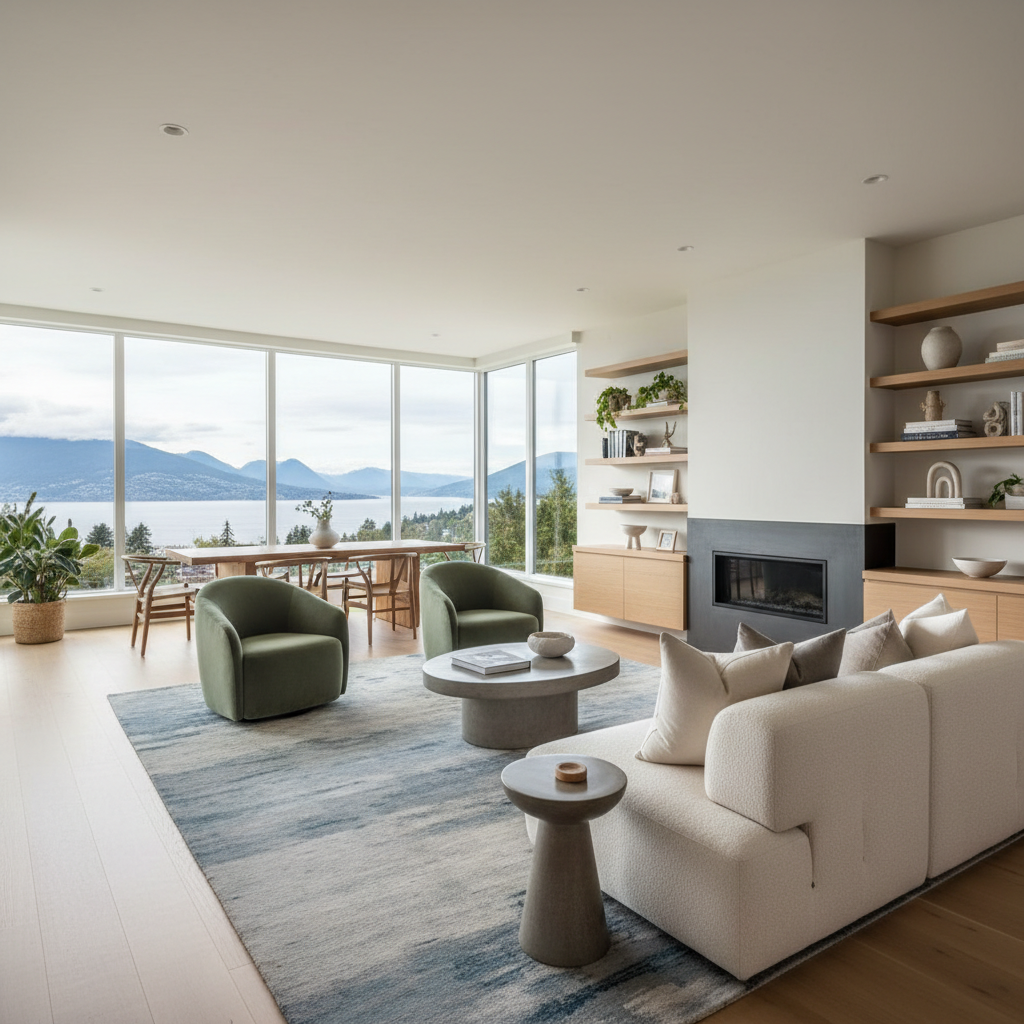 Bright open-plan living room with ocean view and fireplace