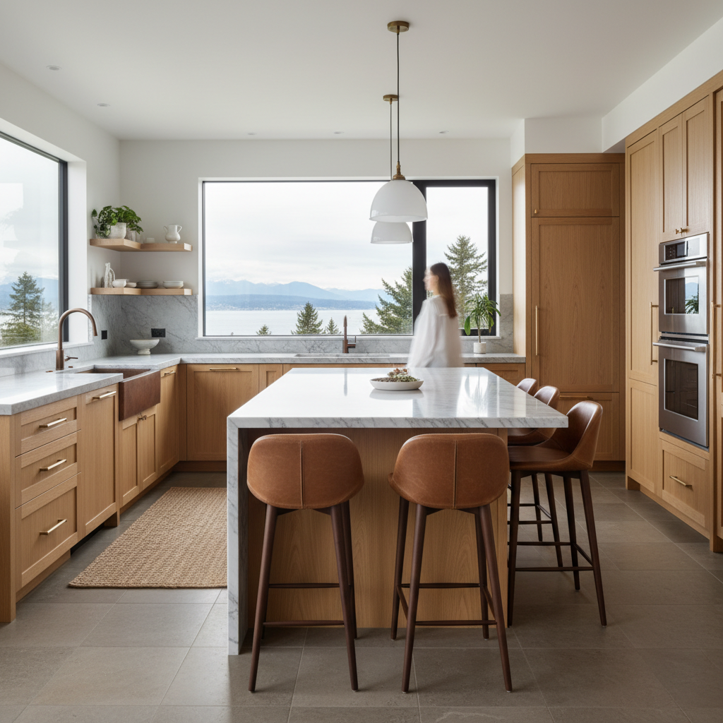 Sunlit kitchen with island, wood cabinetry and ocean view