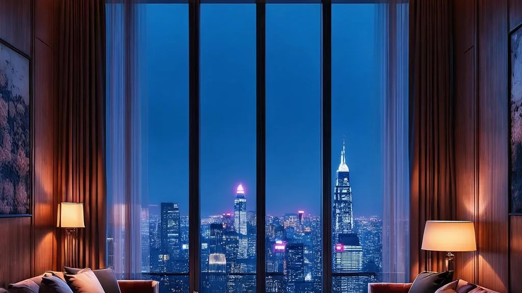 Penthouse interior at night with the city beyond the glass