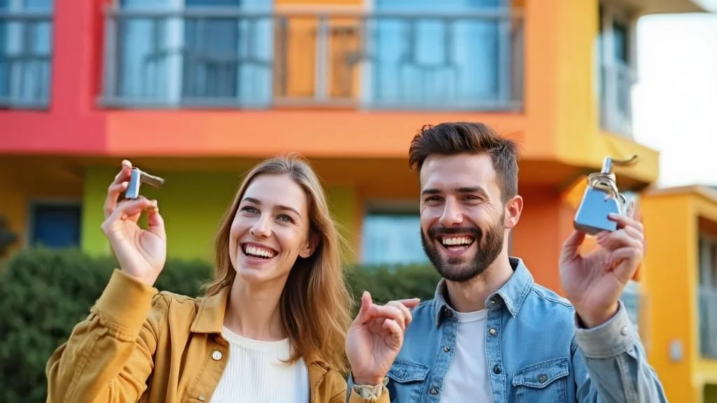 A young couple celebrating with keys outside their colourful new apartment