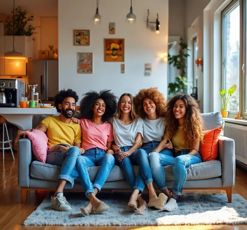 Happy young friends hanging out in a trendy apartment