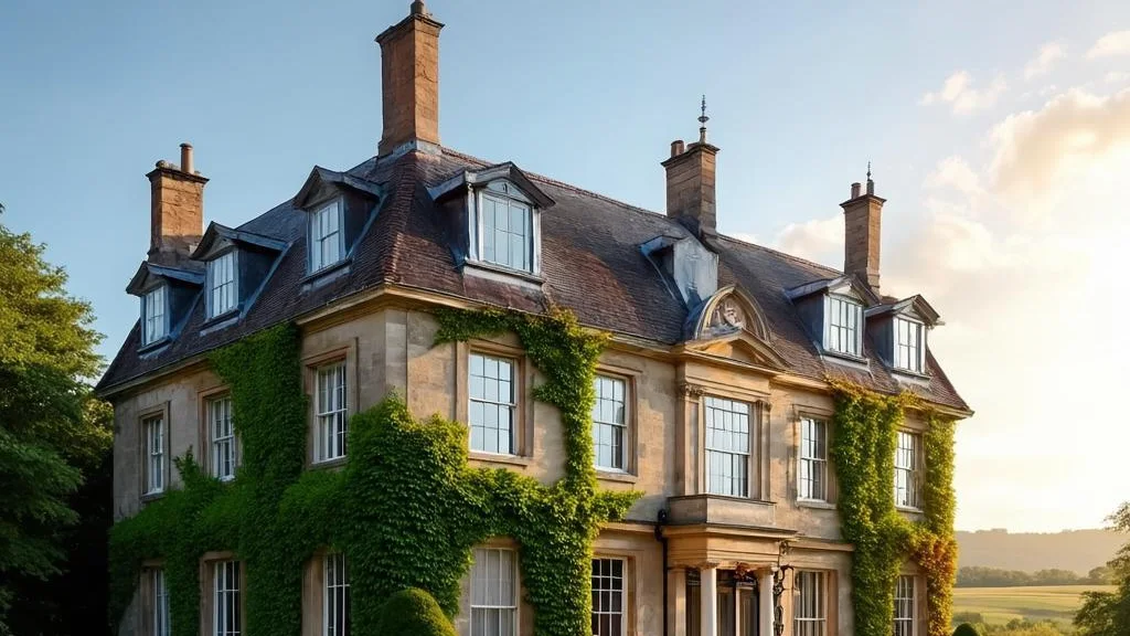 A grand historic country manor at golden hour, framed by mature parkland