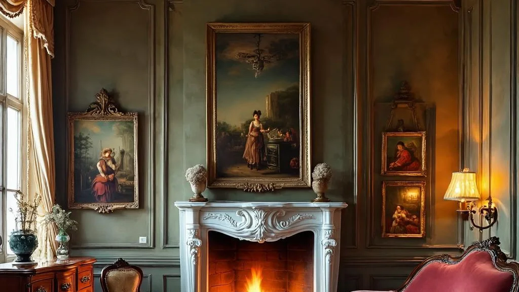 An elegant period drawing room with antiques and a marble fireplace
