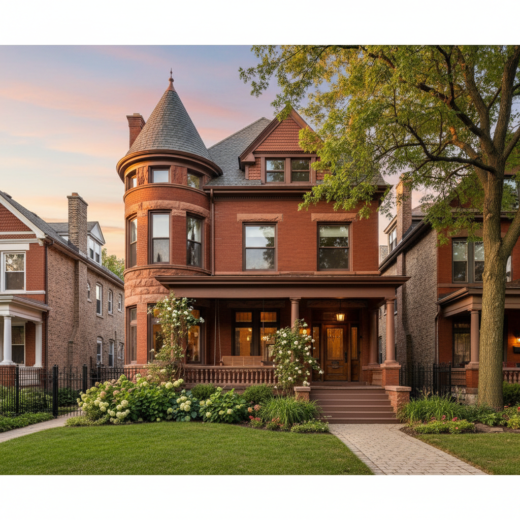 A classic Chicago greystone home on a tree-lined Wicker Park street at golden hour