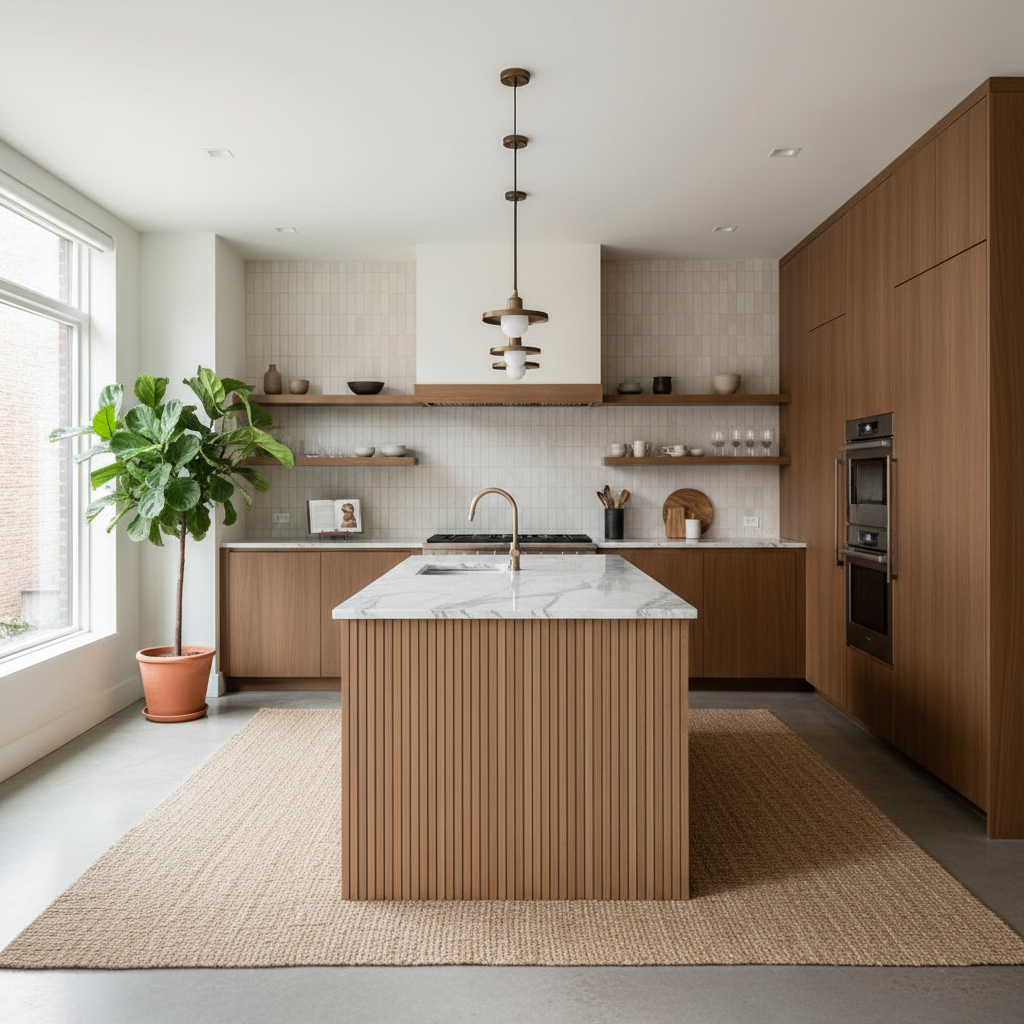 Modern kitchen with wood cabinetry and island